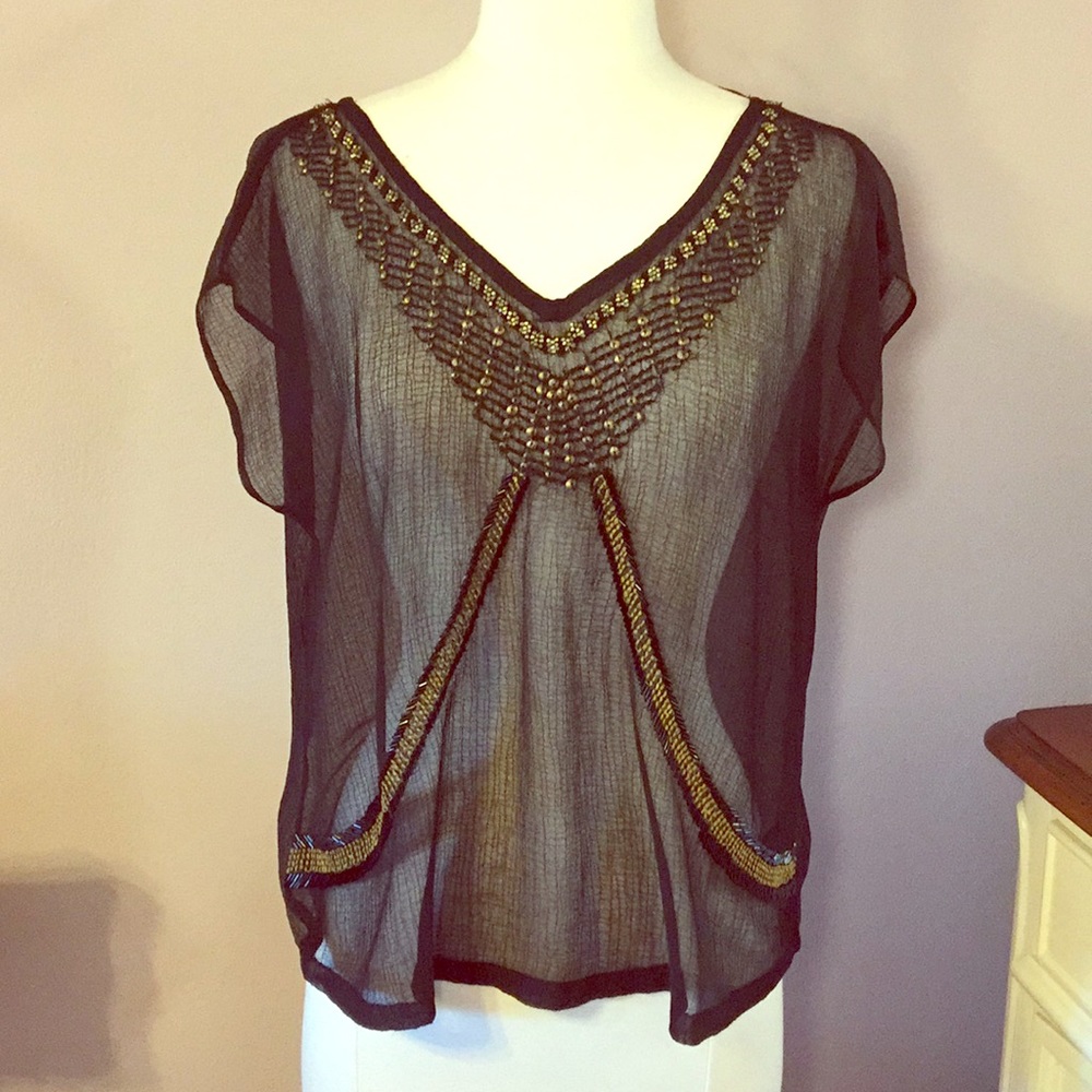 Black Sheer Blouse with Gold and Black Beading